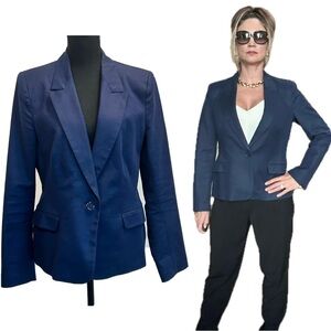 Zara navy blue single breasted tailored fitted blazer jacket Sz XL preppy classy